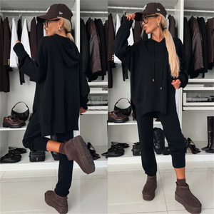 Vêtements pour femmes, nouveau costume automne-<span class=keywords><strong>hiver</strong></span>, couleur unie, sweat-shirt à capuche ample, <span class=keywords><strong>ensemble</strong></span> deux pièces - Product Image 3