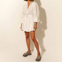 Robe Mini Vintage Femme en Coton Écologique Uni avec Boutons, Manches Longues, Ceinture, Col Montant, Volants et Dentelle, Style Bohème de Luxe, Détails Creux