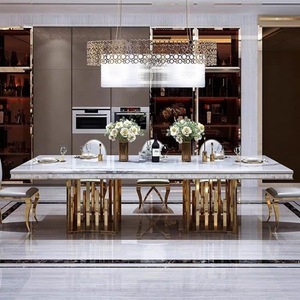 وصل حديثًا طقم طعام فاخر وعصري مكون من 10 قطع، طاولة رخامية مستطيلة تتسع لـ 8 أشخاص، مع كراسي بيضاء وذهبية، أثاث منزلي جديد - Product Image 5