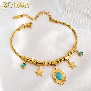 Nuevo Brazalete Ajustable de Acero Inoxidable con Baño de Oro de 18k y Turquesa en Forma de Estrella para Mujer, Brazalete con Circonitas - Product Image 1