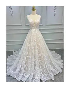 Gaun pengantin renda lembut model baru 2024, gaun pengantin cantik desain terbaru renda lembut bentuk huruf A
