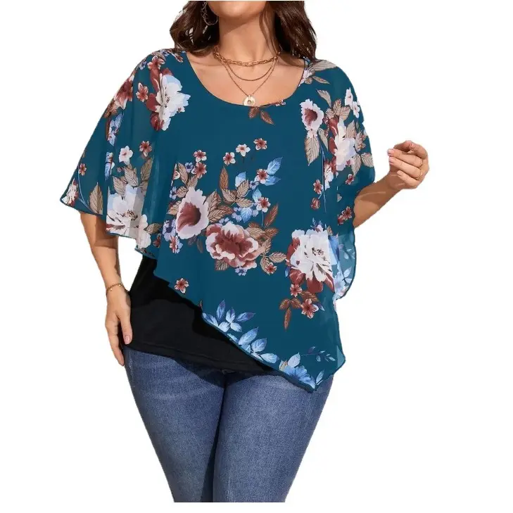 New Arrived Hot Selling Ladies Casual Printing Chiffon Top Shawl Plus Size Batwing Sleeve Round Collar Women's T-shirt Top