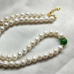 Collier et bracelet en jade vert, perles d'eau douce de 6 à 7 mm, presque rondes, avec défauts, bijoux cadeau - Product Image 2