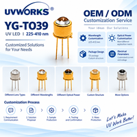 UVWORKS Diode électroluminescente UV LED 225nm-405nm à lentille en verre 1-2mW, tube métallique en ligne, TO39, 255nm à la sortie