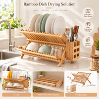 Organisateur de comptoir pliable en bambou naturel multi-usages avec porte-couverts et égouttoir à vaisselle