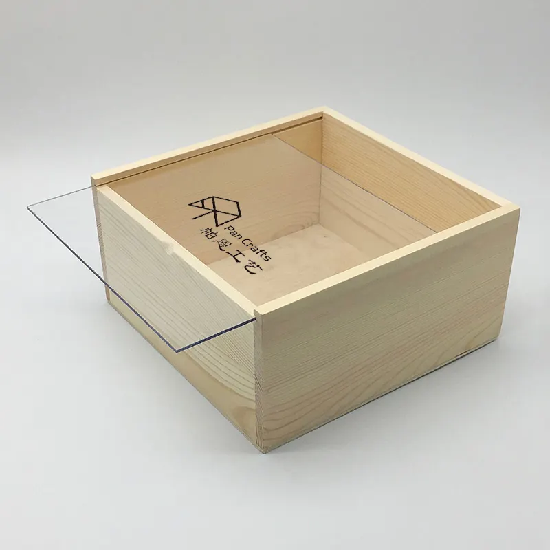 صندوق تعبئة من خشب الصنوبر الفاخر ، لون طبيعي ، صندوق هدايا مخصص بغطاء شفاف