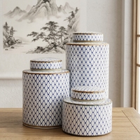 Nouvel ensemble de 3 pièces en céramique et porcelaine de style chinois moderne, motif quadrillé bleu et blanc, vase cylindrique de rangement, pot décoratif fait main pour la maison