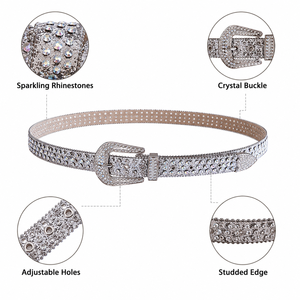 Ceinture Unisexe en Cuir PU Style Western Personnalisée en Usine avec Strass Argentés Punk pour Hommes et Femmes - Product Image 2