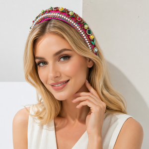 Diadema de terciopelo ancha con perlas de lujo y pedrería, banda para el cabello con cuentas de cristal de colores, accesorios llamativos para el cabello de mujer al por mayor - Product Image 2