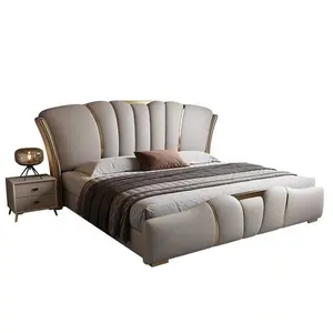 سرير جلدي فاخر إيطالي عصري خفيف سرير مزدوج كبير لغرف النوم سرير زفاف فاخر بتصميم بسيط وعالي الجودة