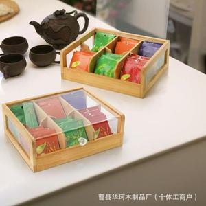 Caja de almacenamiento de té de madera, tapa rectangular de acrílico, organizador de escritorio para bolsitas de té, paquetes de café, Color madera Natural - Product Image 4