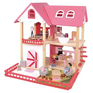 नई नॉर्डिक शैली की लकड़ी के सिमुलेशन गुड़ियाघर खिलौने, बच्चों के लकड़ी के नाटक खेलने के खिलौने, फर्नीचर के साथ लघु गुड़ियाघर, गुलाबी शैली