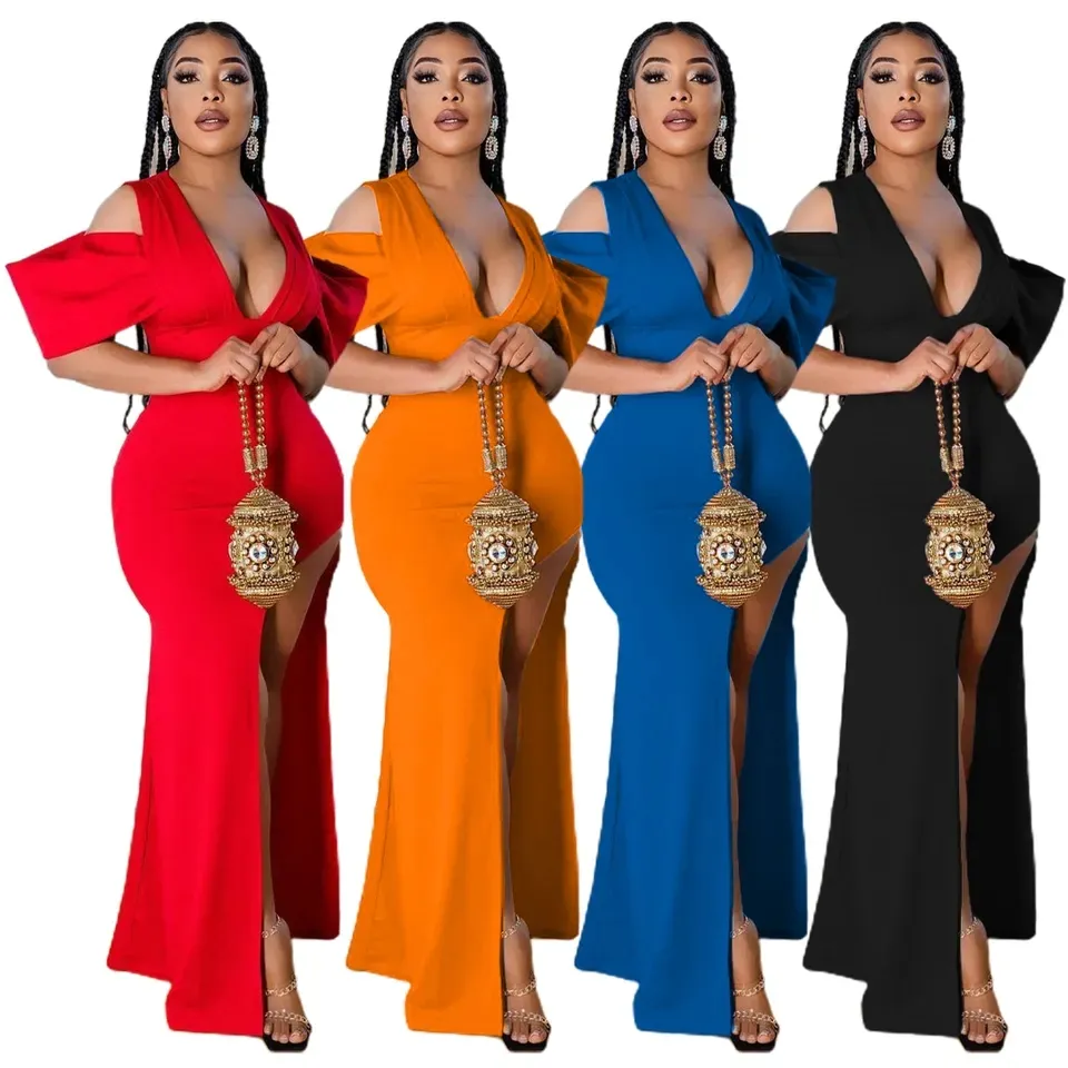 Fashion Trendy Women Clothes Sexy Formal Solid Hollowed Out Slit V Neck Evening Dresses MG119