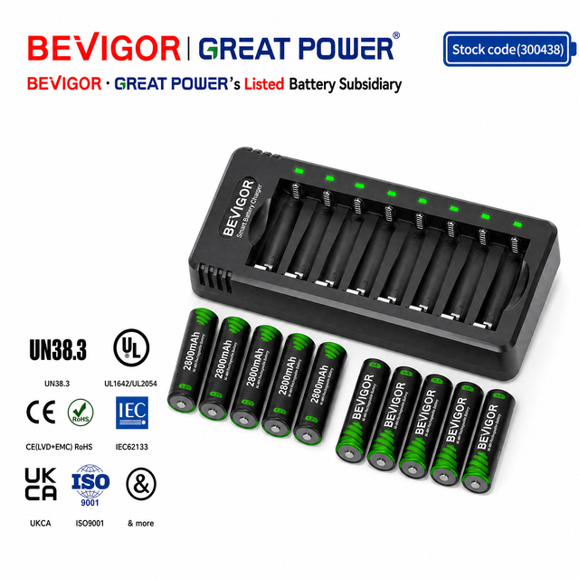 BEVIGOR 8-Slot Smart Battery Charger Type-C Fast Charging 5V 2A 10W Output Power for AAA/AA NiMH Individual Electric Charger