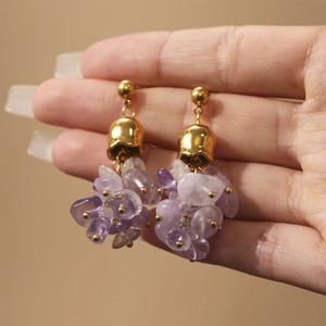 Pendientes Minimalistas de Piedra Natural Irregular, Pendientes de Amatista y Citrino, Pendientes Largos de Acero Inoxidable con Borla para Mujer - Product Image 5
