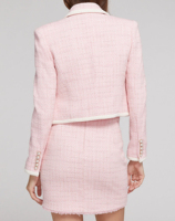 Ensemble deux pièces pour femmes, blazer en tweed rose et blanc, jupe crayon, avec boutons dorés, ensembles en tweed