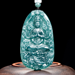 Pendentif en jade Guanyin bleu émeraude naturel, déesse protectrice du zodiaque, rat, pendentif Bouddha âme sœur - Product Image 4