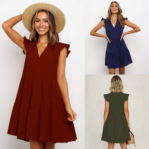 Vestidos de verano de las mujeres 2020 de <span class=keywords><strong>moda</strong></span> de las mujeres de Color sólido Casual mosca manga ropa al por mayor vestidos - Product Image 1