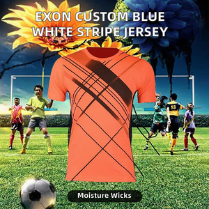 Camiseta de Fútbol Clásica Personalizada al por Mayor con Rayas Azules y Blancas, de Secado Rápido, Sublimada, con Logotipo de Silicona Bordado - Product Image 2