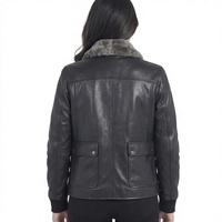 Jaket Kulit Asli Wanita Mantel Bomber Berlapis Kulit Domba Kerah Lipat Penutup Ritsleting Pakaian Luar Musim Gugur
