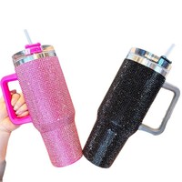 Thermos de voiture 40oz haut de gamme, incrusté de diamants, avec poignée, grande capacité, résistant à la glace, en acier inoxydable, isolé sous vide, avec paille