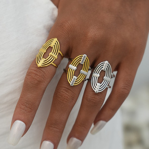 Bague de fiançailles géométrique simple, anneaux doubles uniques, vintage, résistants à l'eau et plaqués or inoxydable, bijoux ALN2512672 - Product Image 2