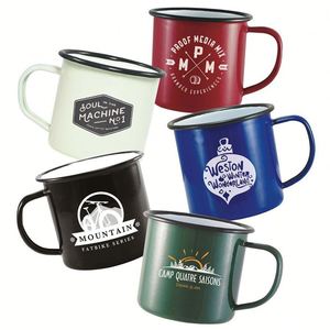 แก้วกาแฟเคลือบลายแคมป์ไฟร์  รักษ์โลก ทนทาน พิมพ์ลายซิลค์สกรีน ขนาด 3 ออนซ์ สีขาว ขอบสีดำน้ำเงิน ของขวัญส่งเสริมการขาย - Product Image 2