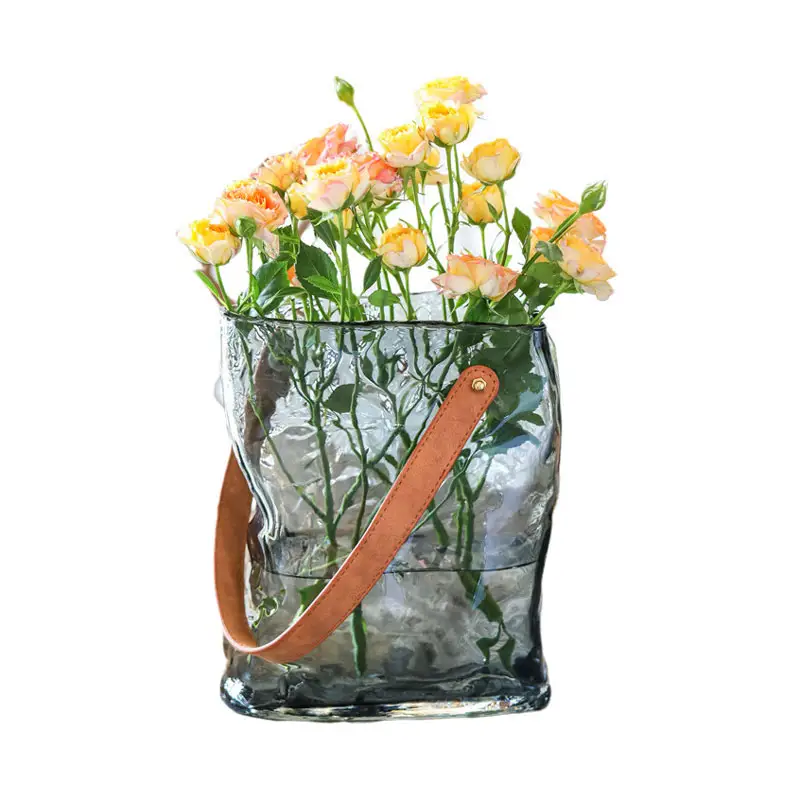 Vaso de vidro colorido nórdico, decoração de casa, mão, soprado, cinza, âmbar, em formato de saco, com alça de couro, estilo criativo, vaso de vidro