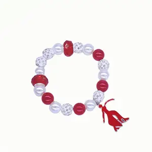 Exquisite Handmade Elastic Stretch Red White Beaded Rhinestone Bangle Greek Letters DST Label Dance Lady Sorority Bracelet