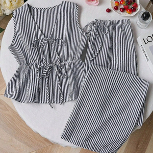 Conjunto de verano para mujer: chaleco largo sin cuello de color liso a rayas y pantalones casuales con cordones, conjunto dulce y versátil sin mangas. - Product Image 1