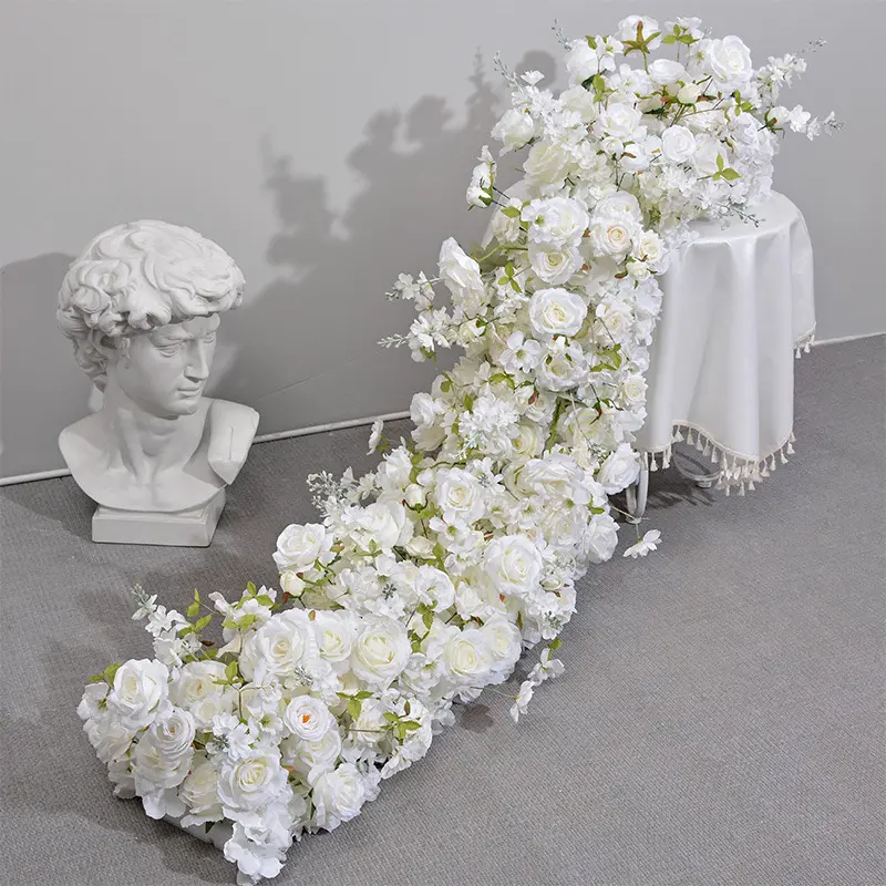 Dekorasi pernikahan kain bulat putih latar belakang bunga mawar Panel dinding bunga buatan