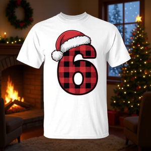 T-shirt classique à carreaux numéro 6, design de Noël, motif chapeau de Père Noël rouge et noir à carreaux, coupe unisexe adulte - Product Image 3