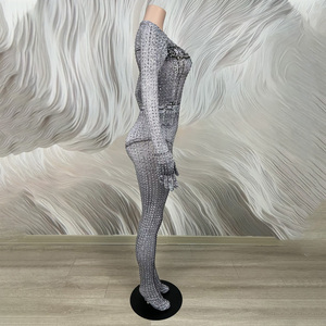 Body con Strass e Perline Argentate, <span class=keywords><strong>Tuta</strong></span> Intera da Donna, Costume Modellante a Maniche Lunghe per Pole Dance - Product Image 3