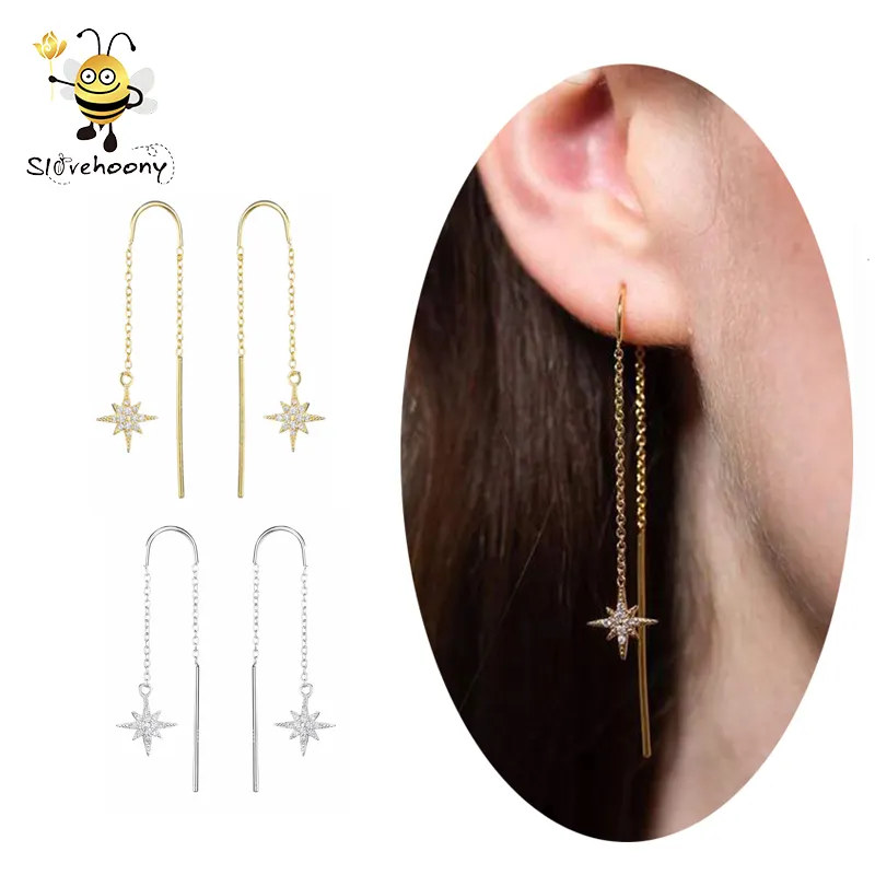 2022 Jewelry Simple And Popular 925 Sterling Silver Long Chain Threader earrings Silver Chain Earrings With star zircon earring