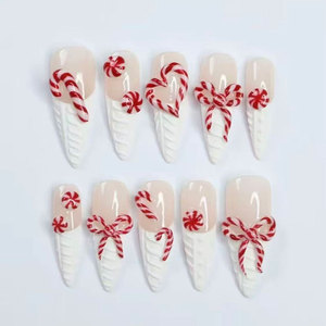 <span class=keywords><strong>Uñas</strong></span> Postizas de Lujo, Largas, Tipo Ataúd, Hechas a Mano, con Decoración de Diamantes de Imitación, Tema Navideño, Acrílicas - Product Image 5