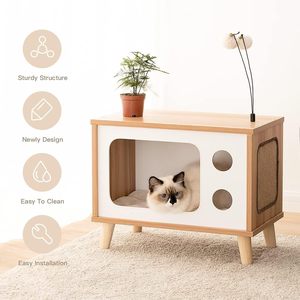 Cat House Condo en bois en forme de téléviseur pour chat-Grand abri intérieur de luxe robuste avec jouets à gratter pour coussin - Product Image 5