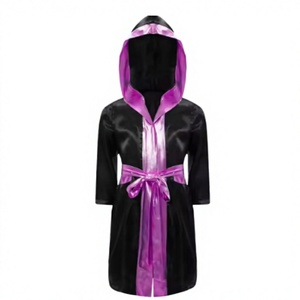 PROFIT SPORTS Black Purple Hooded <b>Robe</b> <b>Satin</b> Trim Belt Breathable Quick-Dry Polyester Material Long Sleeve Boxing Training Coat - Product Image 1