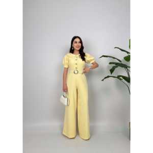 3034 Mono Retro de Cintura Alta con Botones para Mujer, Manga Corta, Uso Diario, Amarillo - Product Image 1