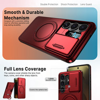Funda Magnética con Sensación de Piel para Samsung Galaxy S26 25 24 Ultra, 360° °   Funda Antigolpes con Anillo Giratorio y Cubierta Deslizante para Cámara