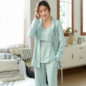 Set Pigiama Tre Pezzi Morbido per Donne in Gravidanza, Canotta con Bordo a Contrasto, Cardigan a Maniche Lunghe e Pantaloni per Allattamento Post-<span class=keywords><strong>Parto</strong></span> - Product Image 4