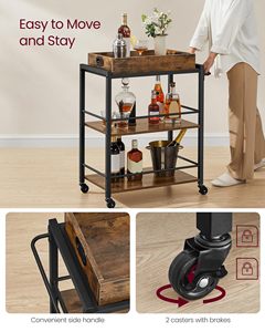 Chariot de service industriel en bois SENYU avec 3 étagères et 4 roulettes pivotantes – Mobilier commercial durable pour un service facile - Product Image 3