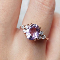 Bague en argent sterling 925 avec halo de quartz lavande, coupe ovale classique et attrayante
