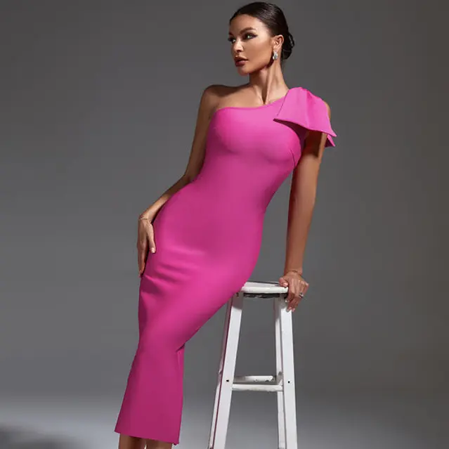 Ocstrade Verano One Bow Shoulder Sleeveless Slim Fit Midi Casual Dress Casual Dress Bodycon Rose Red Bandage Dress For Women