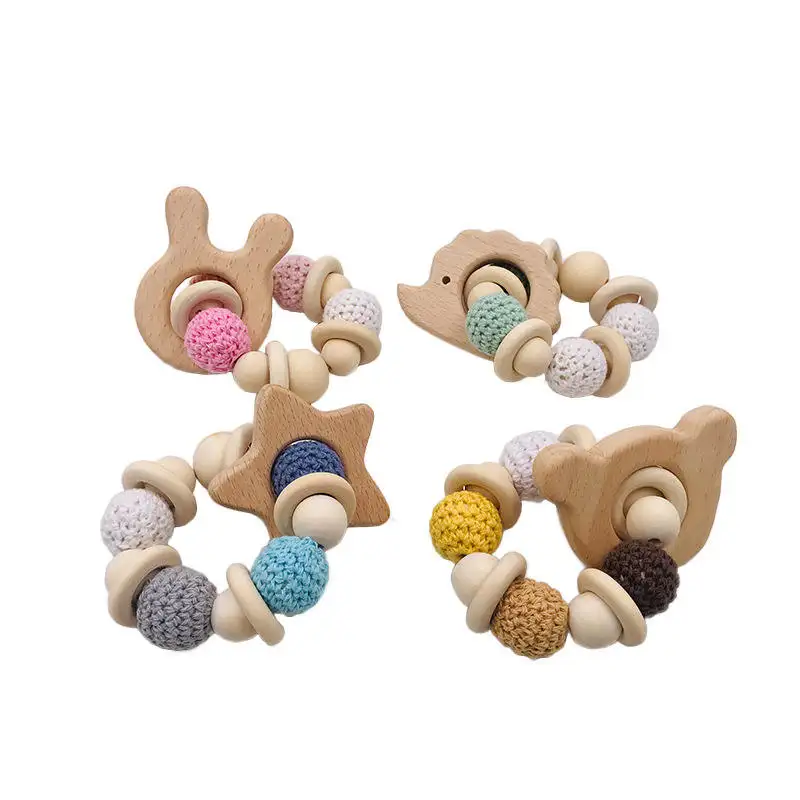 Cartoon Teether Animal Baby Bracelet Crochet Crafts Ring Engraved Beads Baby Teether Wooden Toys