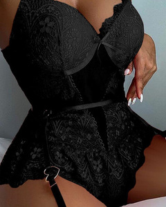 <b>Women</b> Sexy Lingerie Lace Underwear Bondage Garter Choker Straps Lace-up Lace Luxury Exotic Long Corset Red Lingerie - Product Image 4