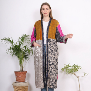 Kimono long en soie patchwork vintage pour femme, style décontracté hippie, sari, chemise de nuit sexy, tenue de plage, vêtements de nuit, automne, printemps, été - Product Image 2