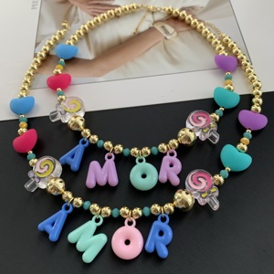 Nouveau <span class=keywords><strong>Collier</strong></span> BD-C6404 Tendance avec Perles Dorées, Breloque Lettre Bulle Colorée pour Fête, <span class=keywords><strong>Collier</strong></span> AMOR Cœur Mignon <span class=keywords><strong>Sucette</strong></span> - Product Image 4