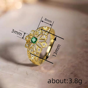 Bague Fleur T0377 pour Femme, Émeraude Ronde en Pierre Naturelle, Sertie Pavé, Bijou de Mode pour Fiançailles - Product Image 4