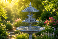 Bain d'oiseaux et mangeoire 2-en-1 au design de gazebo antique, en résine écologique, pour la décoration extérieure de jardin et de cour