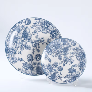 Lot de 18 pièces de <span class=keywords><strong>vaisselle</strong></span> en <span class=keywords><strong>porcelaine</strong></span> avec impression tampon, <span class=keywords><strong>service</strong></span> de table en céramique à motifs de fleurs bleues pour 6 personnes, ensemble de plats et de bols en gros - Product Image 4